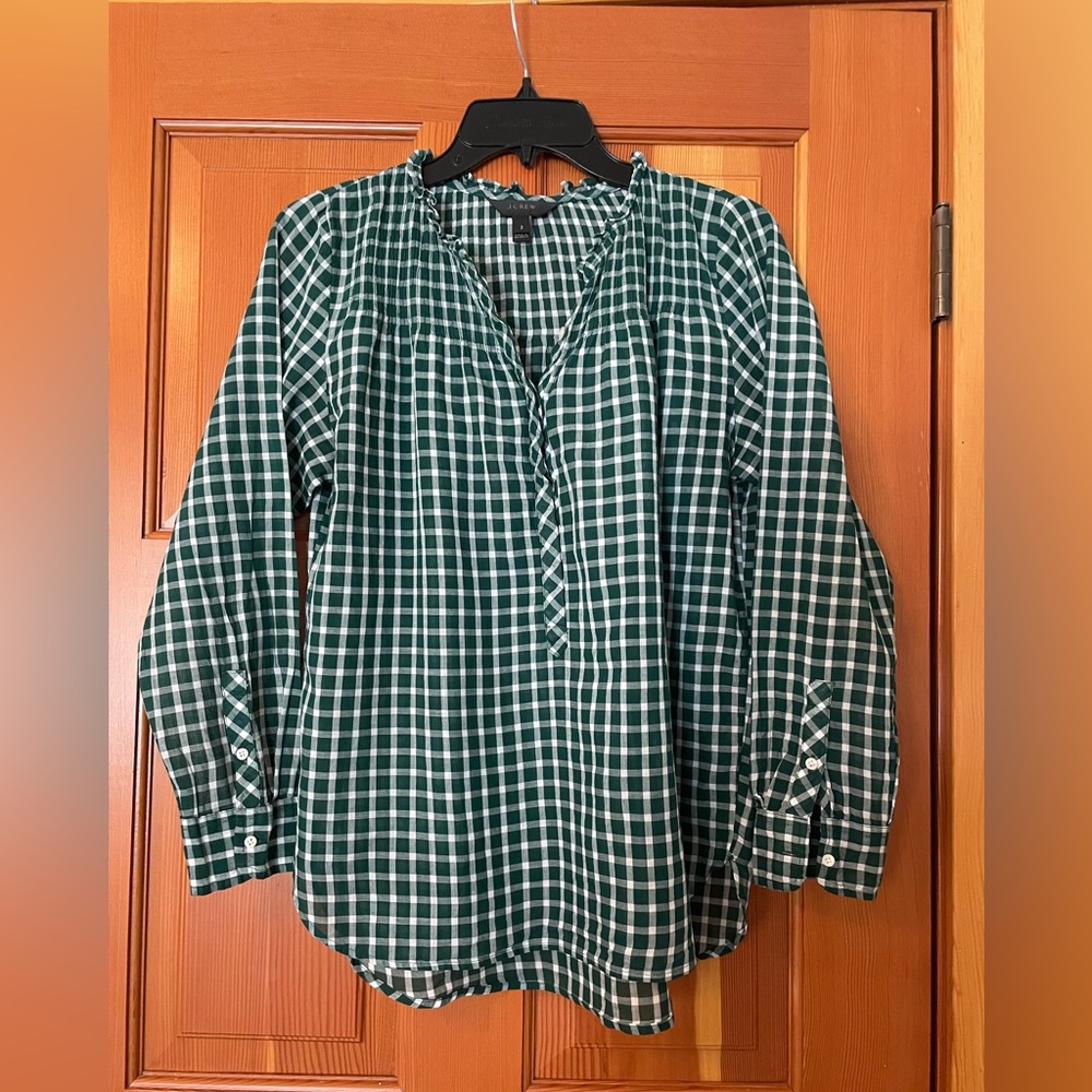 J. Crew Classic Green and White Popover Lightweight Blouse SZ 2.